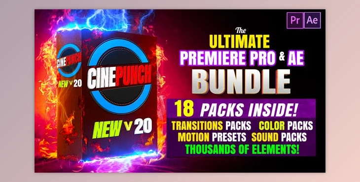Download CINEPUNCH (BUNDLE) - Transitions I Color LUTs I SFX - 18 PACKS - 9999+ Assets - AE Project