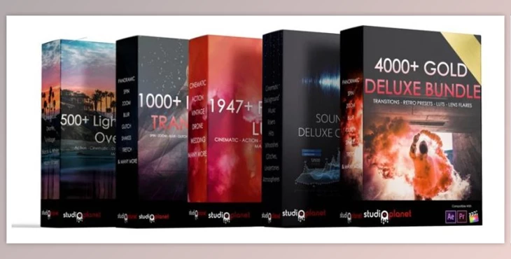 Download StudioPlanet - 4000+ Gold Deluxe Bundle Collection (Transitions, LUTS, Overlays, Sounds Effects)