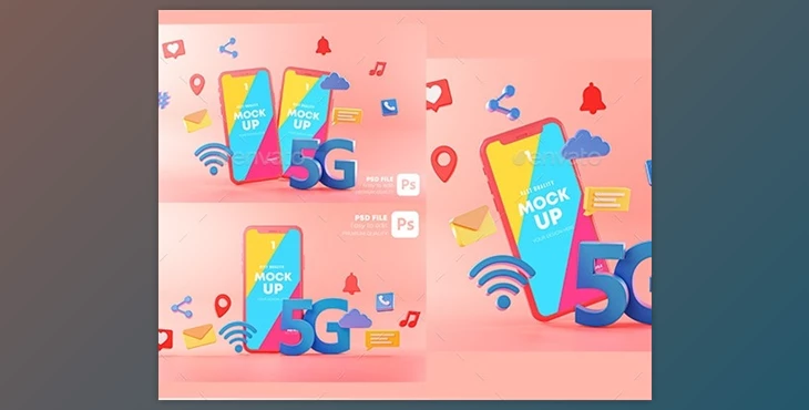 Download 5G Phone Concept Wifi Connection on Pink Background With Icons 3D Rendering. Mockup Template GraphicRiver-29902902 (PSD)