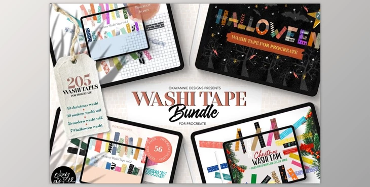 Download 205 Washi Tape Bundle for Procreate (PNG, JPG, BRUSH)