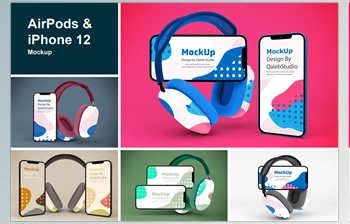 Download AirPods & iPhone Mockup <span class='badge badge-warning'>CreativeMarket-5787154</span> (PSD)