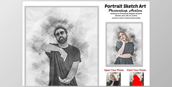 Download Portrait Sketch Art Photoshop Action CreativeMarket-5814489 (ATN, PAT, ABR)
