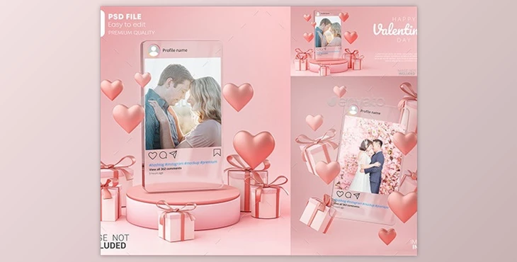 Download Instagram Post Mockup on Glass Template Valentine Wedding Love Heart Shape and Gift Box 3D Rendering – GraphicRiver  30090315 (PSD)