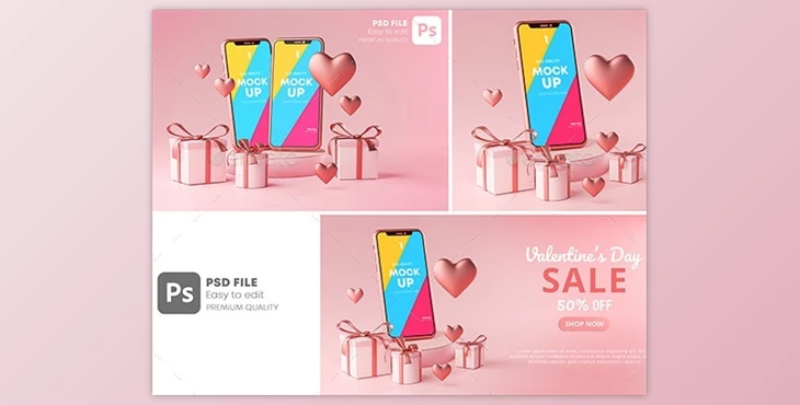 Download Smartphone Mockup Valentine Day Sale Love Heart Shape and Gift Box 3D Rendering GraphicRiver-30090503 (PSD)