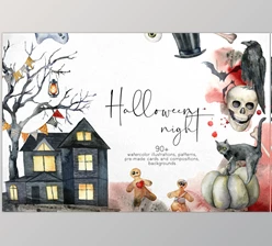 CreativeMarket – Happy Halloween Night. Watercolor 1781273
