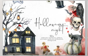 CreativeMarket – Happy Halloween Night. <span class='badge badge-warning'>Watercolor</span> 1781273