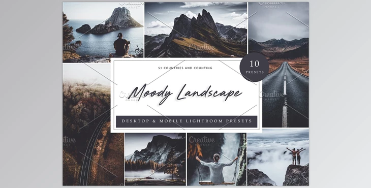 Download 10 x Lightroom Moody Landscape CreativeMarket-5962629 (XMP, DNG, LRTEMPLATE)