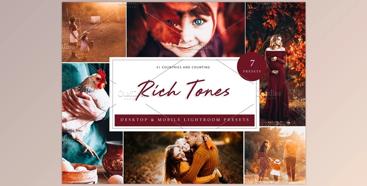 Download 7 x Lightroom Presets, Rich Tones CreativeMarket-5962684 (DNG, XMP, LRTEMPLATE, JPG)