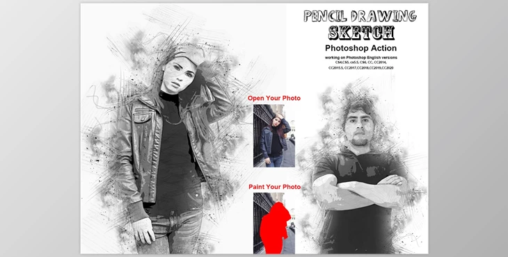 Download Pencil Drawing Sketch PS Action CreativeMarket-5881618 (ATN, PAT, ABR)