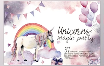 Unicorns: magic party. Watercolor <span class='badge badge-warning'>CreativeMarket-3038328</span>