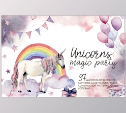 Unicorns: magic party. Watercolor CreativeMarket-3038328